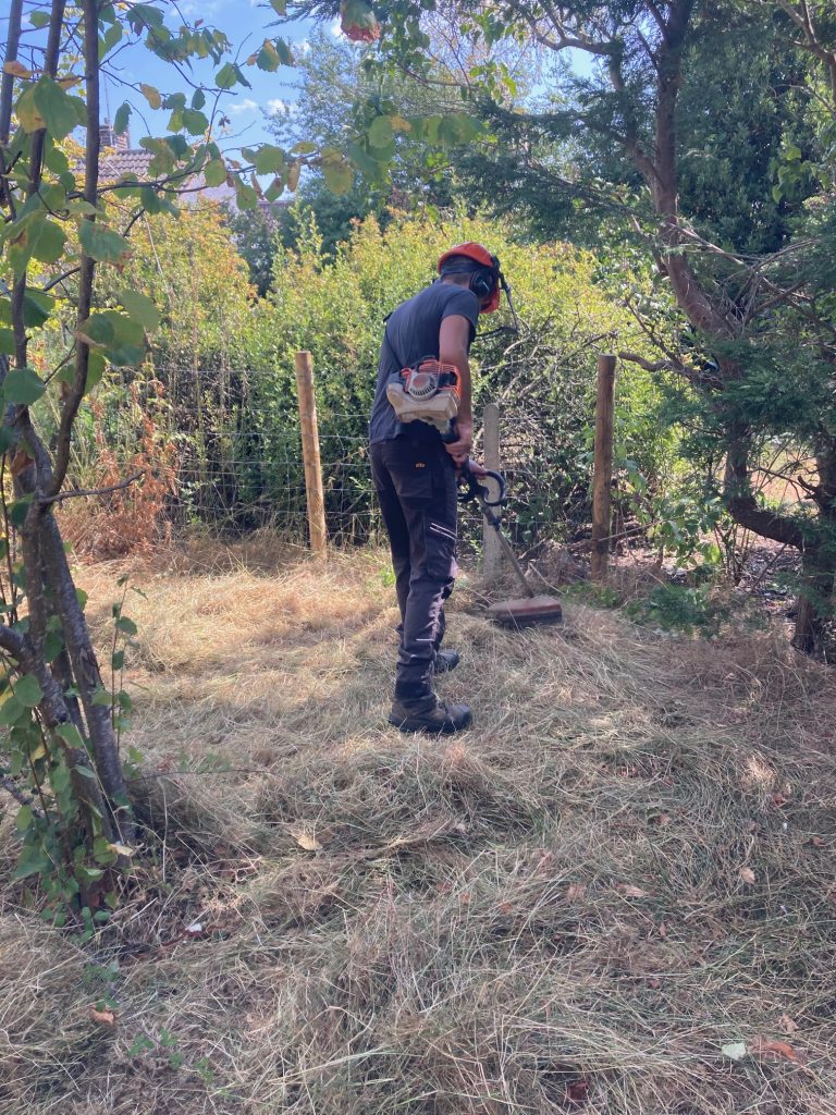 Andy strimming the garden ready for a mow